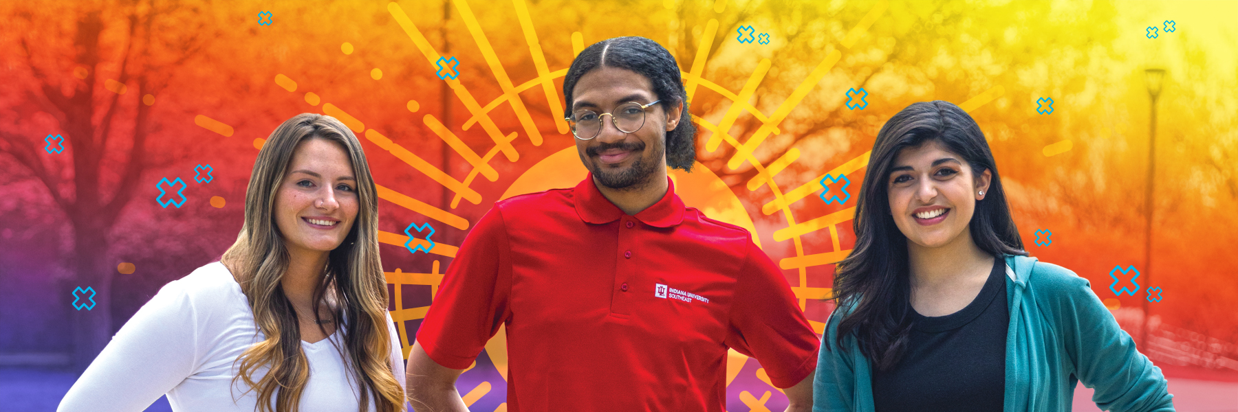 Three IU Southeast students standing in front of an orange and red background