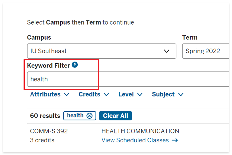 Filtering by keyword in IU Southeast's course search