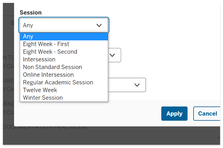 Filtering by session in IU Southeast's course search